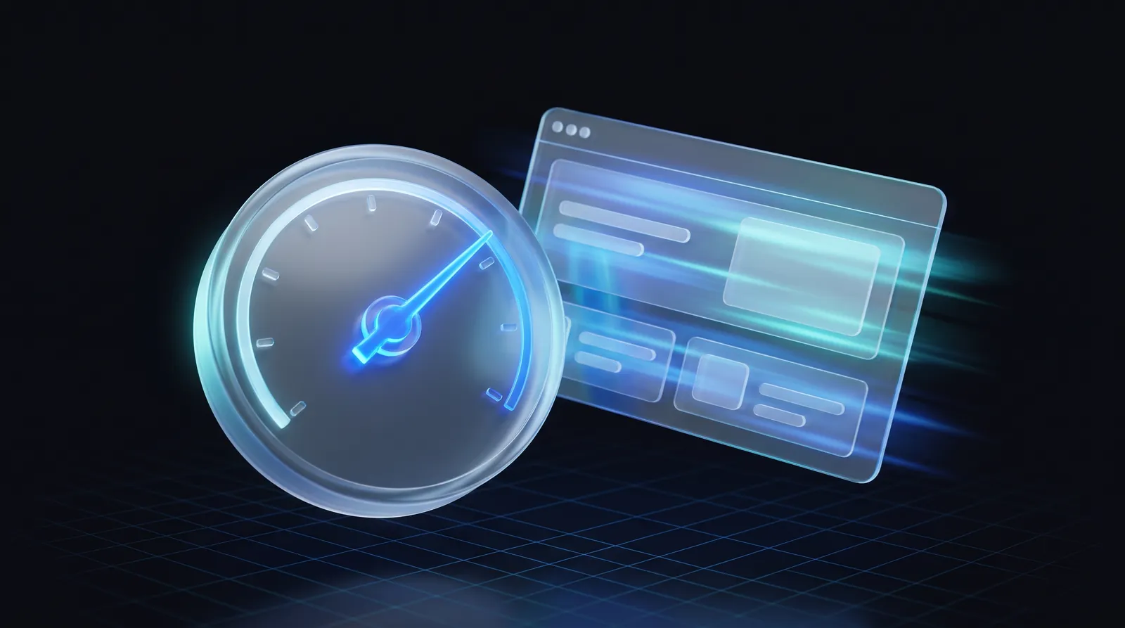 Sklenený tachometer s ručičkou na maxime vedľa rýchleho webového panela ako symbol rýchlosti webu