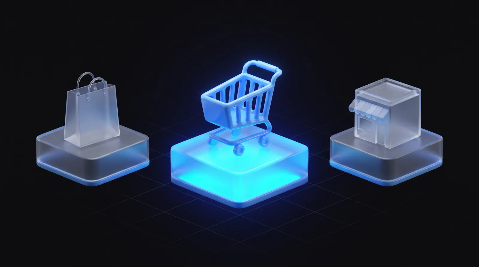 Tri sklenené podstavce s nákupnou taškou, vozíkom a malým obchodom, prostredný svieti ako symbol výberu platformy pre e-shop